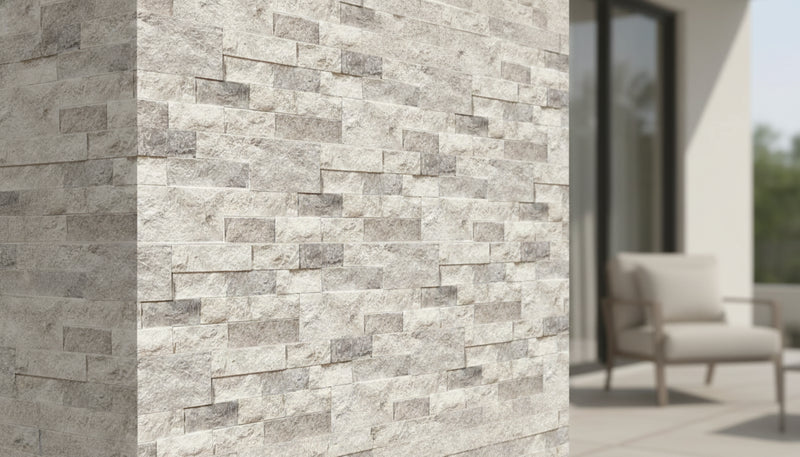 Close-up of Silver Stone Split Face 4xFREE Stone Veneer, in Silver tones.