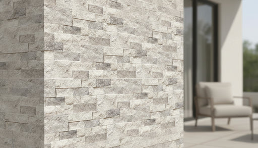 Close-up of Silver Stone Split Face 4xFREE Stone Veneer, in Silver tones.