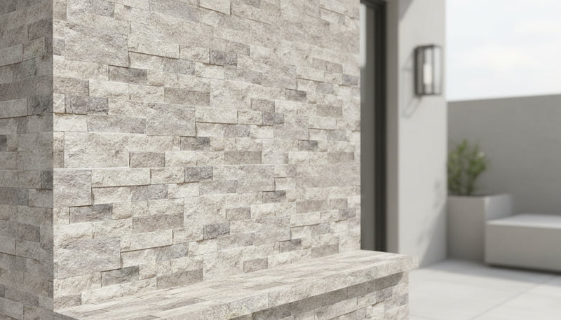 Close-up of Silver Stone Split Face 4xFREE Stone Veneer, in Silver tones.