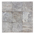 Close-up of Silver Travertine Tumbled 6 x 6 x 3/8 Cross Cut Tile, in Silver tones.