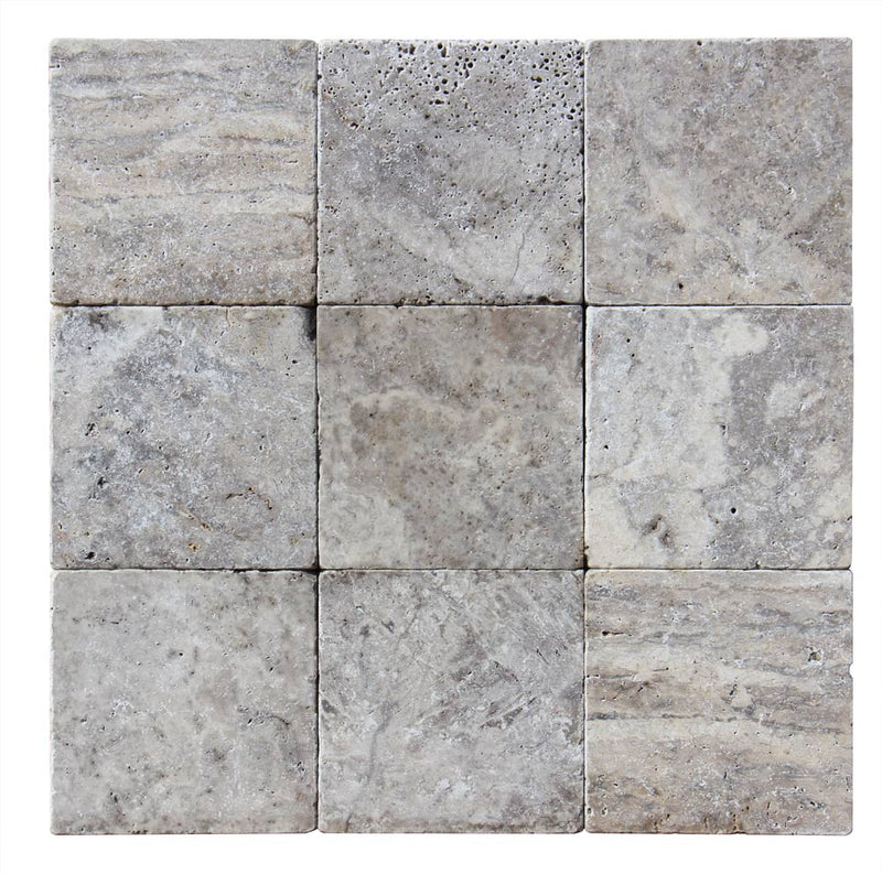 Close-up of Silver Travertine Tumbled 6 x 6 x 3/8 Cross Cut Tile, in Silver tones.