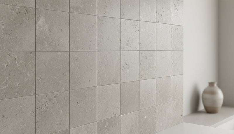Close-up of Silver Travertine Tumbled 6 x 6 x 3/8 Cross Cut Tile, in Silver tones.