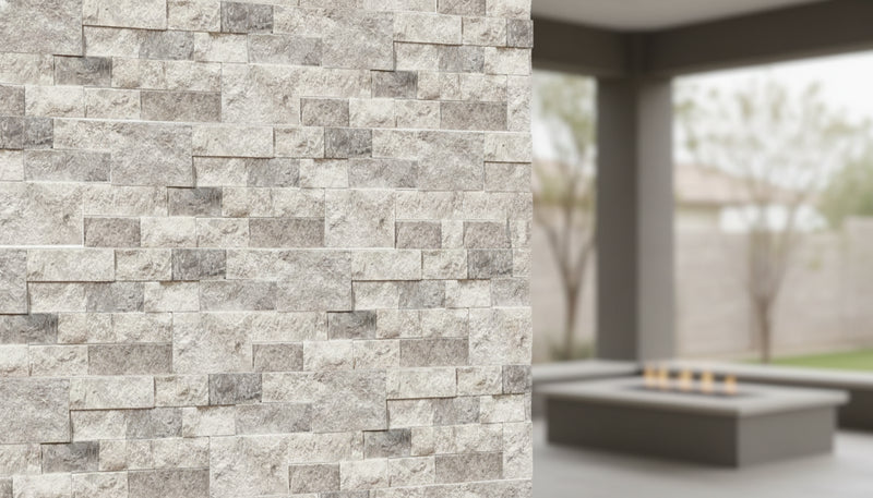 Close-up of Silver Stone Split Face 8xFREE Stone Veneer, in Silver tones.