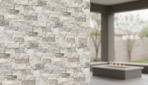 Close-up of Silver Stone Split Face 8xFREE Stone Veneer, in Silver tones.