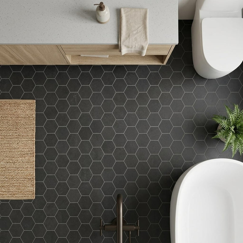 2x2 Hexagon Honed Basalt Mesh Mosaic — Bathroom floor