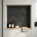 2x2 Hexagon Honed Basalt Mesh Mosaic — Bathroom niche