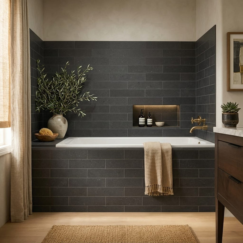 4x16x3/8 Honed Basalt Tile — Bathroom tub surround