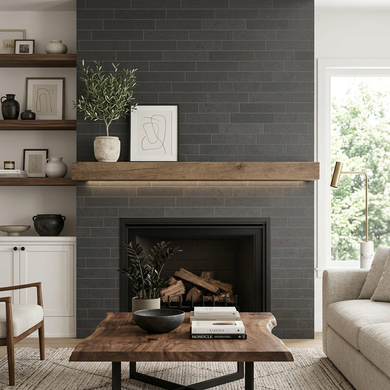 4x16x3/8 Honed Basalt Tile — Living Room fireplace surround