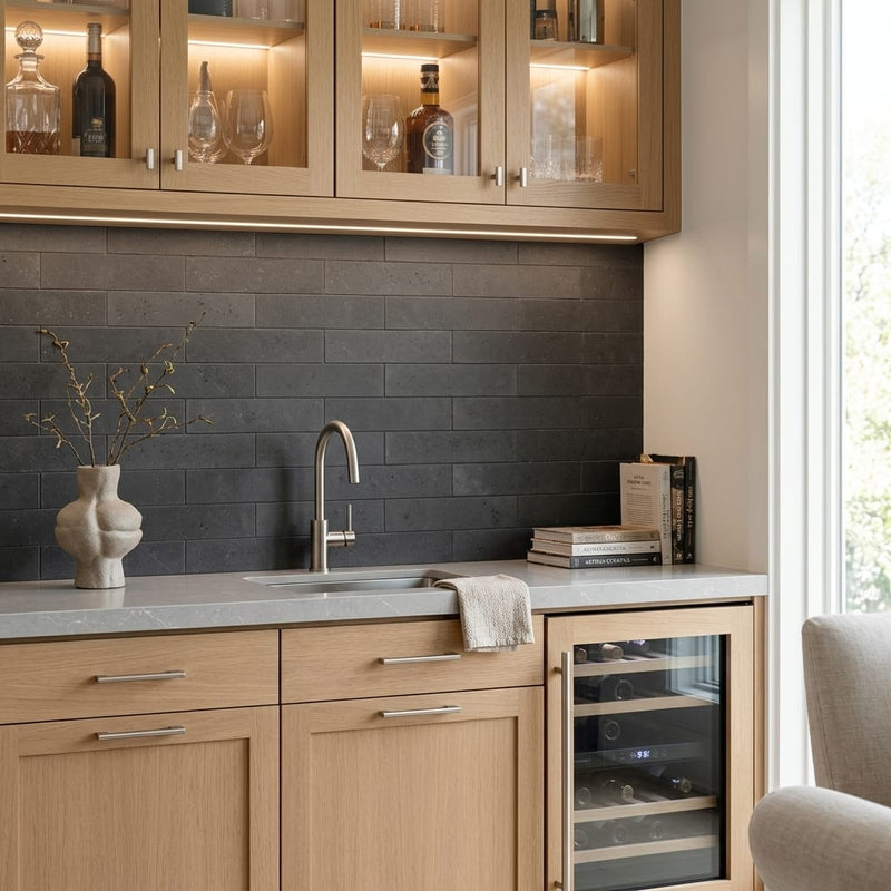 4x16x3/8 Honed Basalt Tile — Wet Bar backsplash