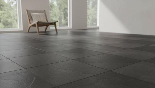 Close-up of Absolute Black Granite Flamed 24 x 24 x 1/2 Tile, in Black tones.