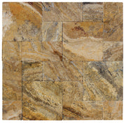 Close-up of Autumn Leaves Scabos Travertine Tumbled Roman x 1.25 Paver, in Autumn tones.