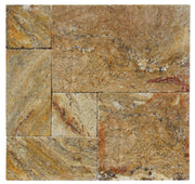 Close-up of Autumn Leaves Scabos Travertine Tumbled French Versailles x 1.25 Paver, in Autumn tones.