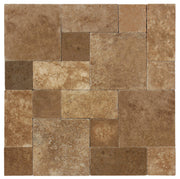 Close-up of Chocolate Brown Walnut Travertine Tumbled Roman Pattern Paver, in Brown tones.