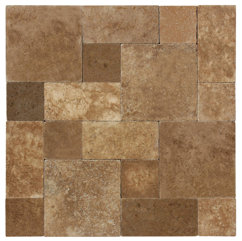 Close-up of Chocolate Brown Walnut Travertine Tumbled Roman Pattern Paver, in Brown tones.