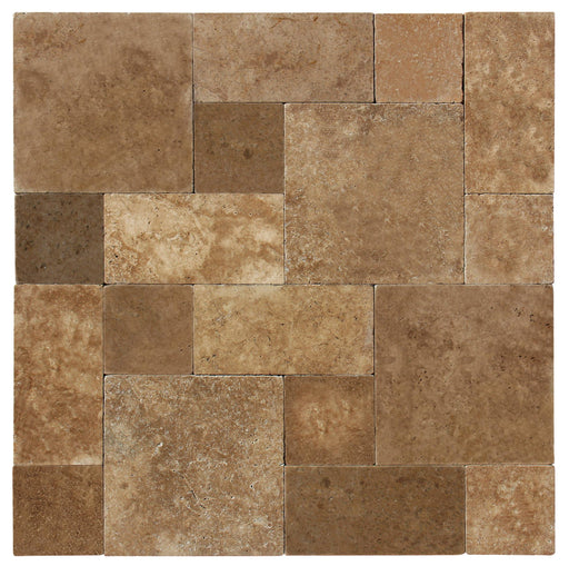 Close-up of Chocolate Brown Walnut Travertine Tumbled Roman Pattern Paver, in Brown tones.