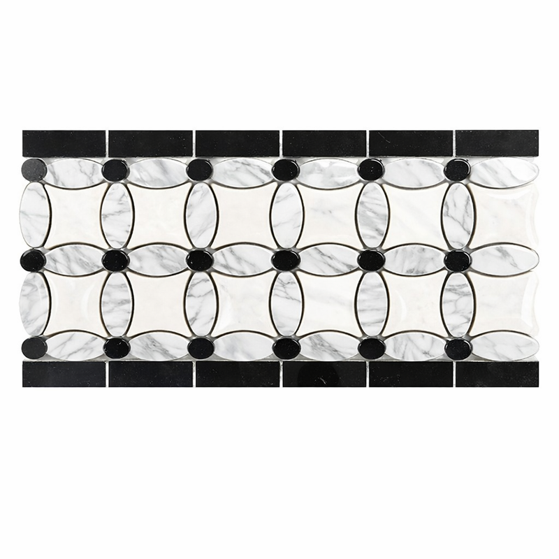 Carrara White (Italian) Marble 5-3/4x11 1/4 Polished Tile Florida Flower Border (Thassos + White Carrara (Oval) + Black (Dots))