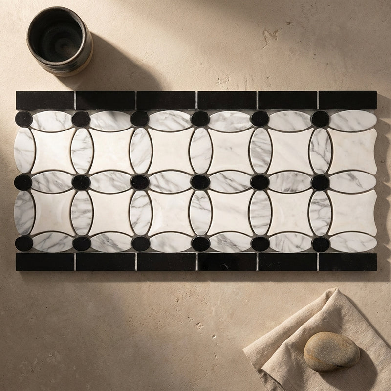 Carrara White (Italian) Marble 5-3/4x11 1/4 Polished Tile Florida Flower Border (Thassos + White Carrara (Oval) + Black (Dots))