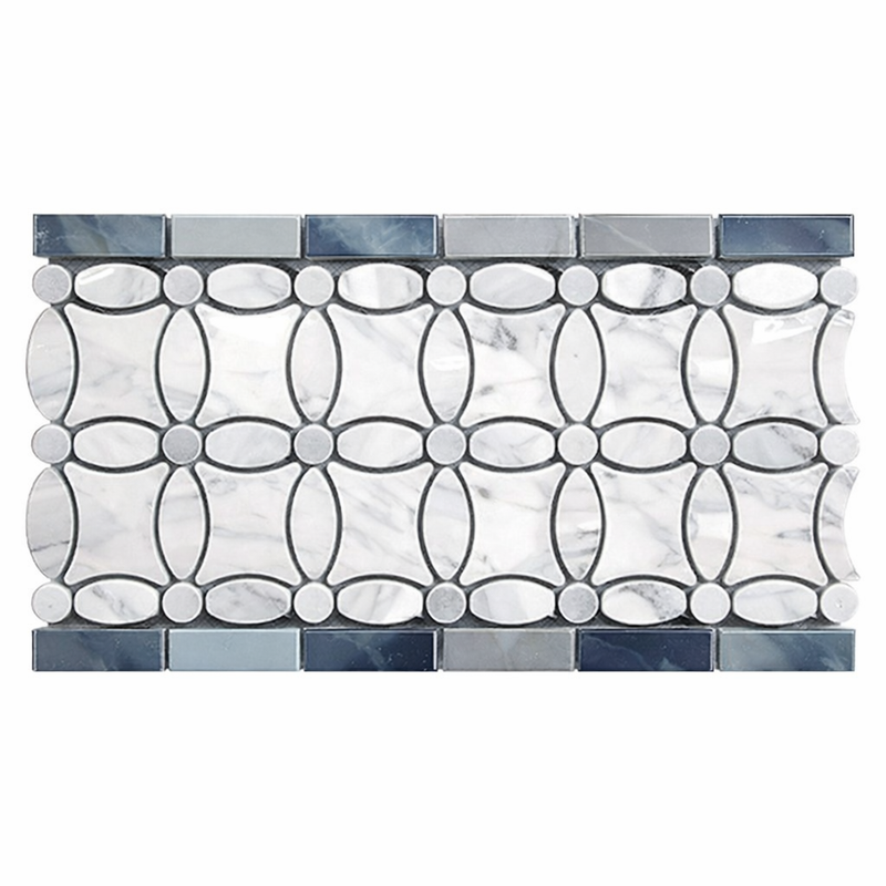 Carrara White (Italian) Marble 5-3/4x11 1/4 Polished Tile Florida Flower Border (Thassos + White Carrara (Oval) + Blue-Gray (Dots))