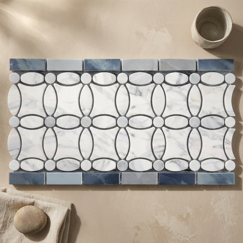 Carrara White (Italian) Marble 5-3/4x11 1/4 Polished Tile Florida Flower Border (Thassos + White Carrara (Oval) + Blue-Gray (Dots))