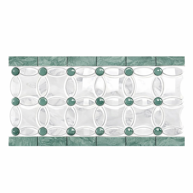 Carrara White (Italian) Marble 5-3/4x11 1/4 Polished Tile Florida Flower Border (Thassos + White Carrara (Oval) + Ming Green (Dots))
