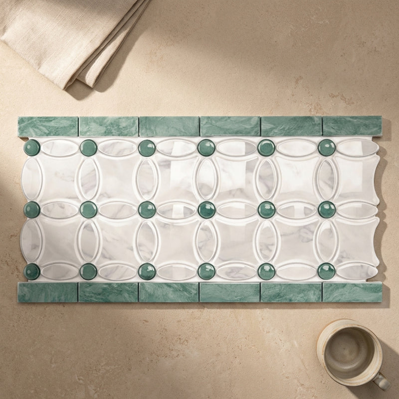 Carrara White (Italian) Marble 5-3/4x11 1/4 Polished Tile Florida Flower Border (Thassos + White Carrara (Oval) + Ming Green (Dots))