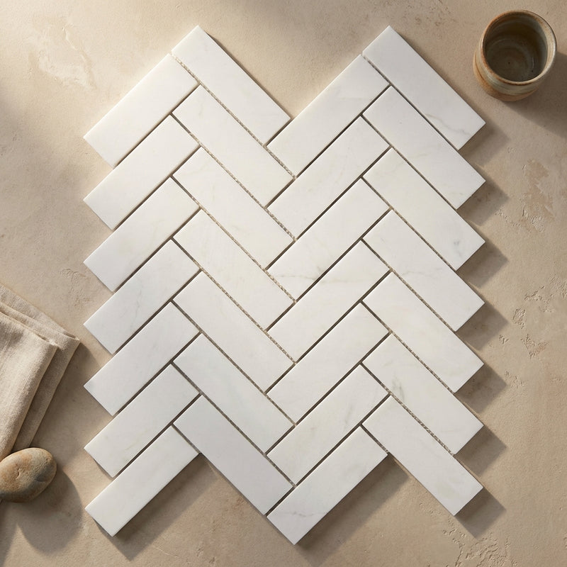 Thassos White (Greek) Marble 1x4 Polished Herringbone Mosaic