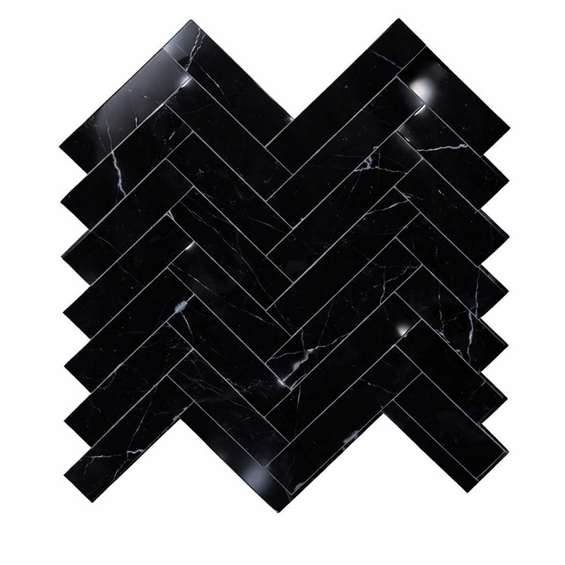 Nero Marquina (Black) Marble 1x4 Polished Herringbone Mosaic