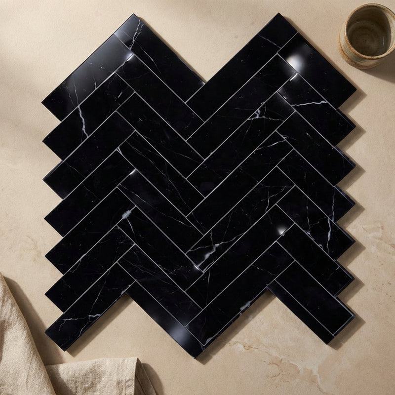 Nero Marquina (Black) Marble 1x4 Polished Herringbone Mosaic