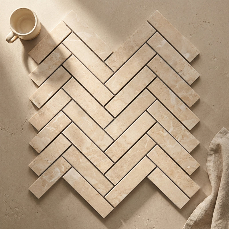 Crema Marfil (Spanish) Marble 1x4 Cream Polished Herringbone Mosaic