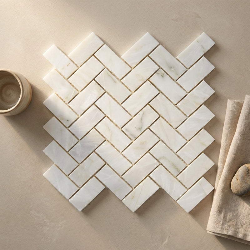 Calacatta Oliva Marble 1x2 Polished Herringbone Mosaic