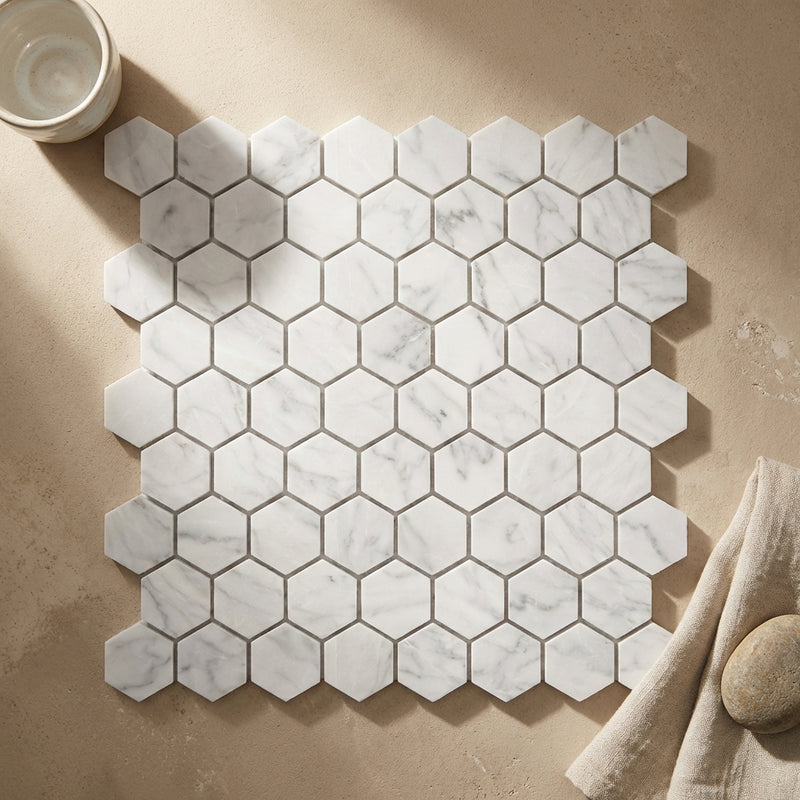 Carrara White (Italian) Marble 1x1 Polished Hexagon Mosaic