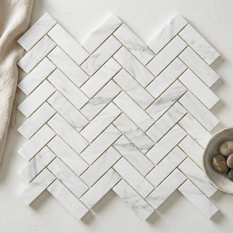 Oriental White (Asian Statuary) Marble 1x3 Polished Herringbone Mosaic