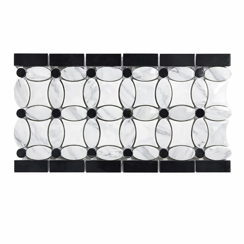 Thassos White (Greek) Marble 5-3/4x11 1/4 Polished Tile Florida Flower Border (Thassos + White Carrara (Oval) + Black (Dots))
