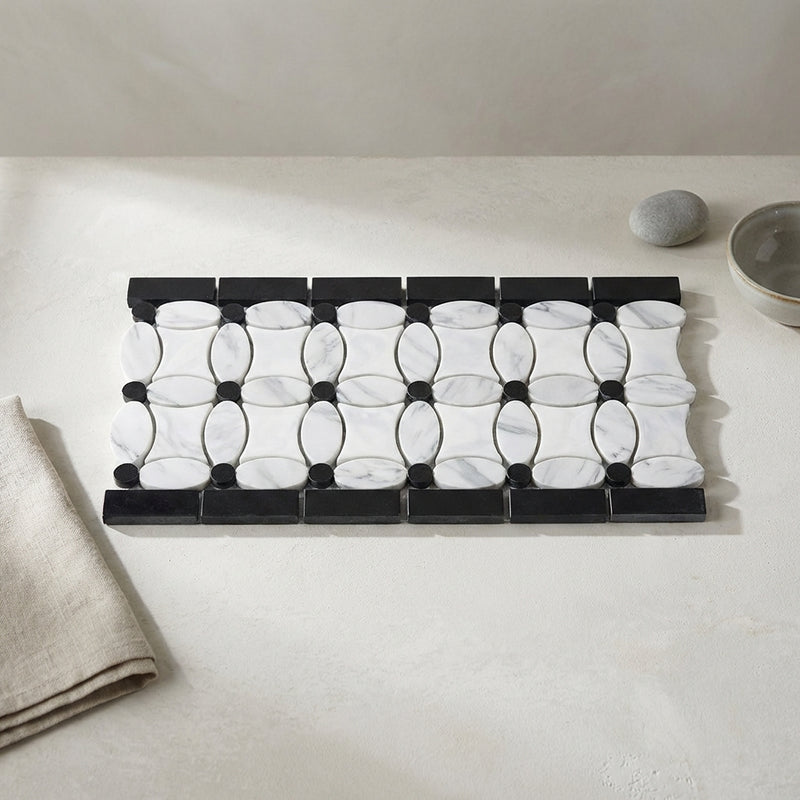 Thassos White (Greek) Marble 5-3/4x11 1/4 Polished Tile Florida Flower Border (Thassos + White Carrara (Oval) + Black (Dots))