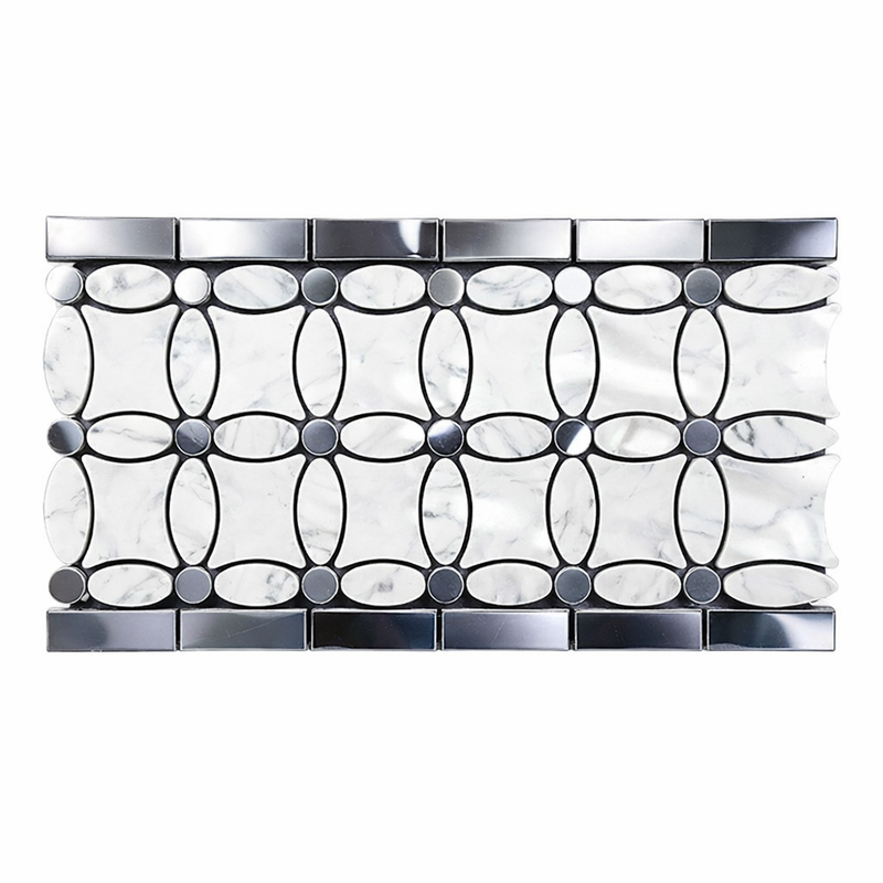 Thassos White (Greek) Marble 5-3/4x11 1/4 Polished Tile Florida Flower Border (Thassos + White Carrara (Oval) + Blue-Gray (Dots))