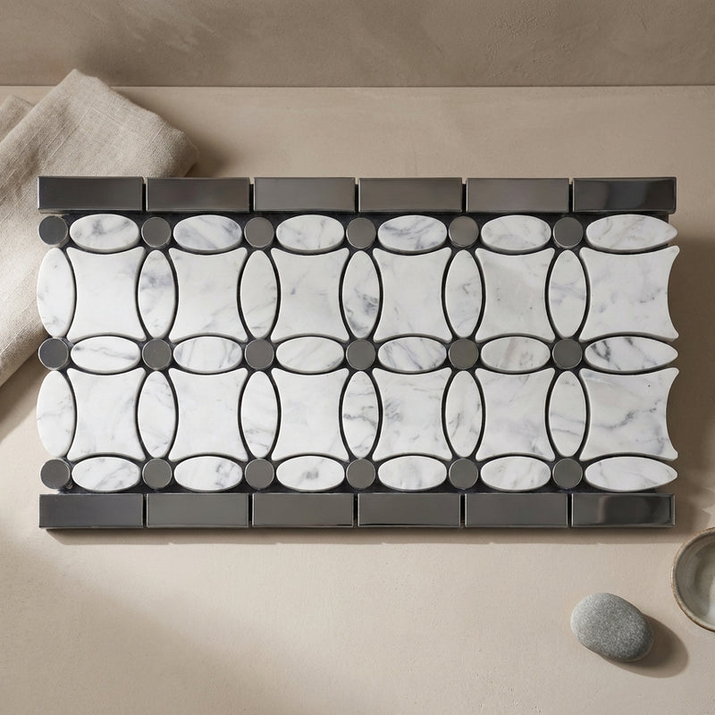 Thassos White (Greek) Marble 5-3/4x11 1/4 Polished Tile Florida Flower Border (Thassos + White Carrara (Oval) + Blue-Gray (Dots))