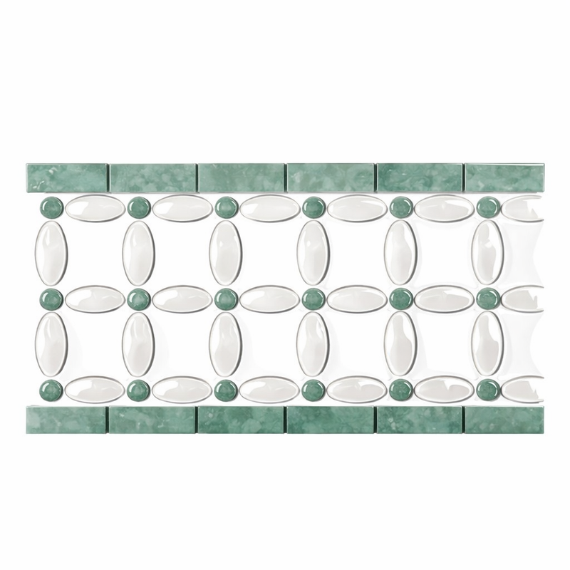 Thassos White (Greek) Marble 5-3/4x11 1/4 Polished Tile Florida Flower Border (Thassos + White Carrara (Oval) + Ming Green (Dots))
