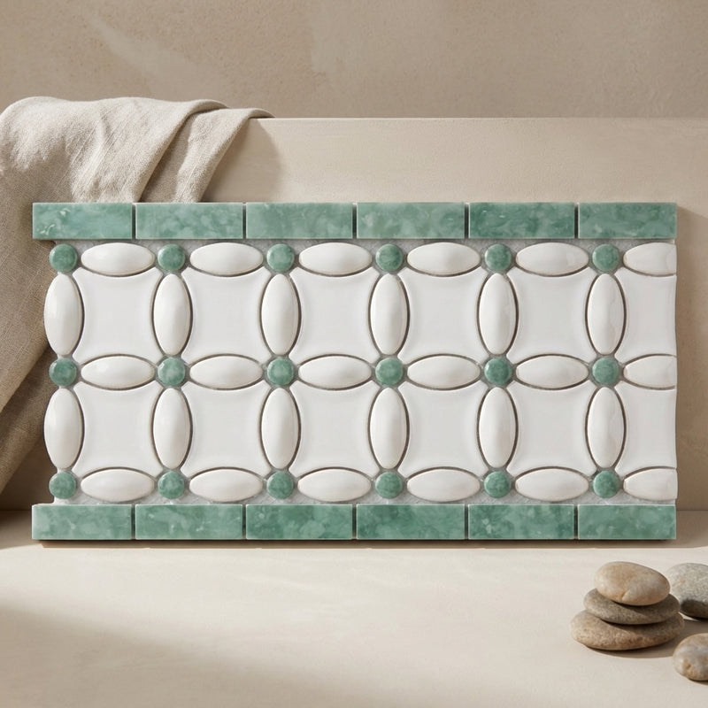 Thassos White (Greek) Marble 5-3/4x11 1/4 Polished Tile Florida Flower Border (Thassos + White Carrara (Oval) + Ming Green (Dots))
