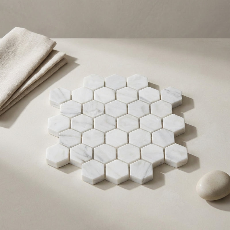 Oriental White (Asian Statuary) Marble 1x1 Polished Hexagon Mosaic