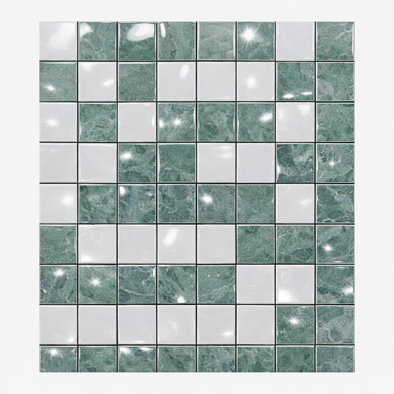 Thassos White (Greek) Marble Polished Tile Greek Key Border CORNER (w/ Ming Green)