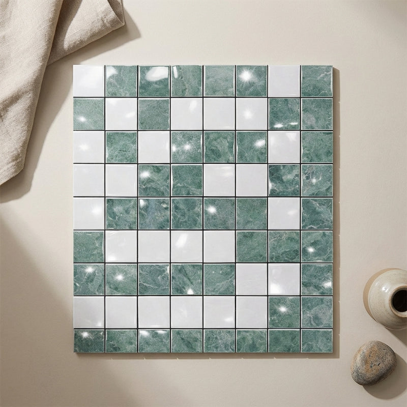 Thassos White (Greek) Marble Polished Tile Greek Key Border CORNER (w/ Ming Green)