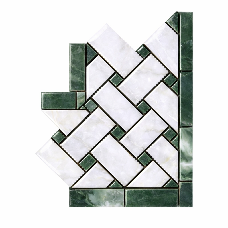 Thassos White (Greek) Marble Polished Tile Basketweave Border CORNER (w/ Ming Green)