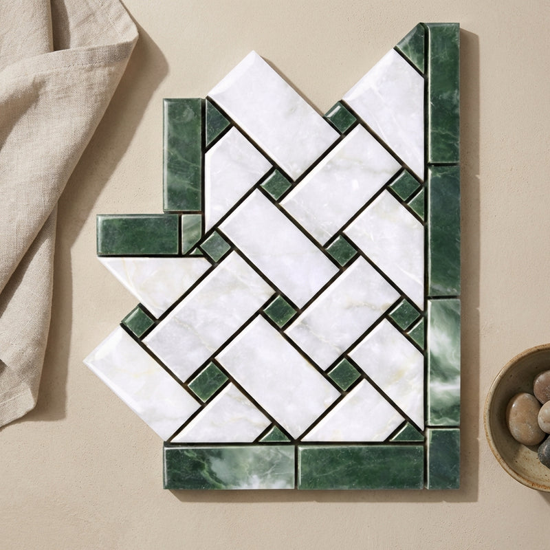 Thassos White (Greek) Marble Polished Tile Basketweave Border CORNER (w/ Ming Green)