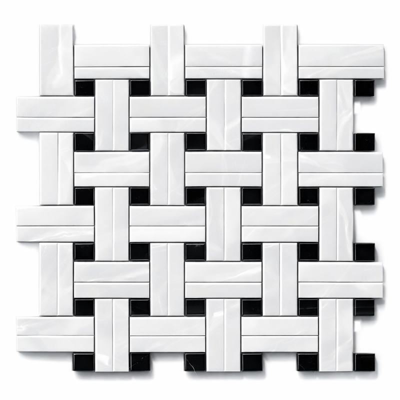 Thassos White (Greek) Marble Polished Tile BIAS Border CORNER (w/ Black)