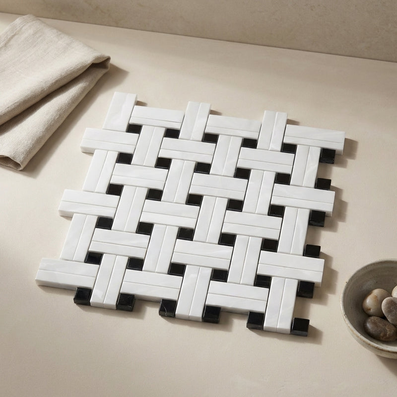 Thassos White (Greek) Marble Polished Tile BIAS Border CORNER (w/ Black)