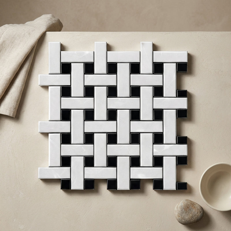 Thassos White (Greek) Marble Polished Tile BIAS Border CORNER (w/ Ming Green)