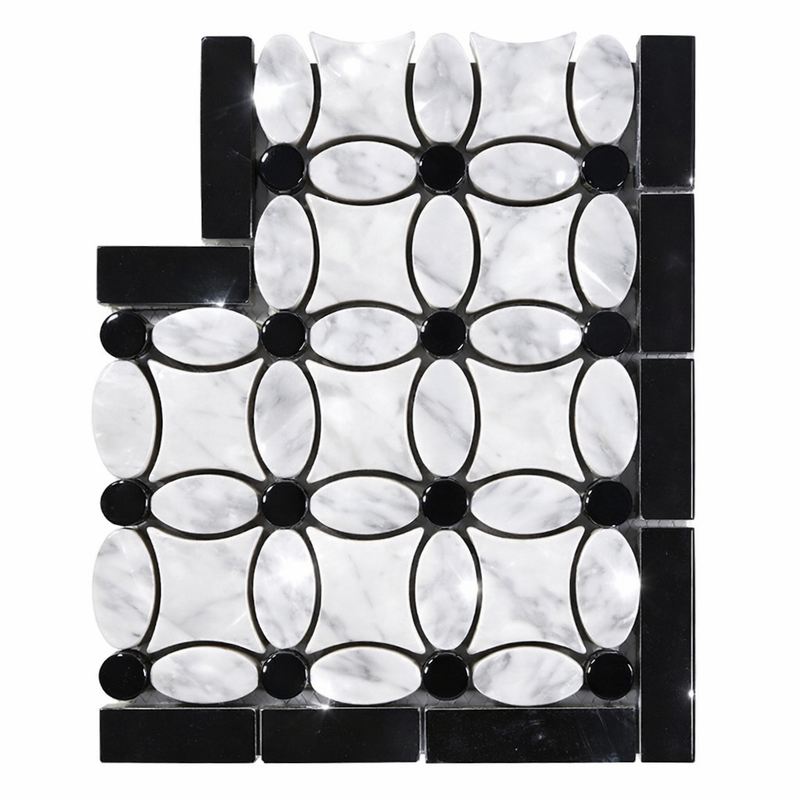 Thassos White (Greek) Marble Polished Tile Florida Flower Border CORNER (Black)