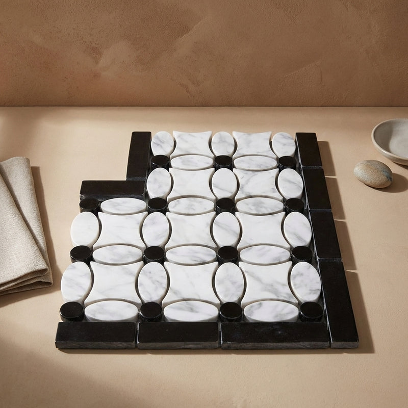 Thassos White (Greek) Marble Polished Tile Florida Flower Border CORNER (Black)