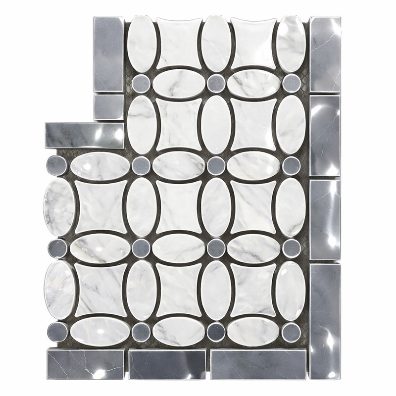 Thassos White (Greek) Marble Polished Tile Florida Flower Border CORNER (Blue-Gray)