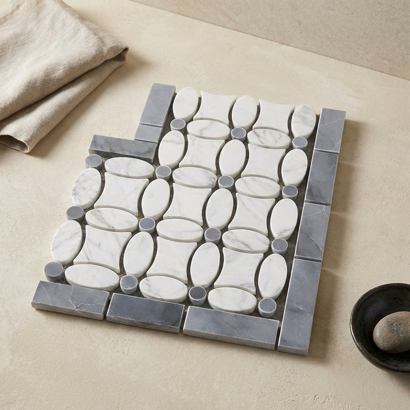 Thassos White (Greek) Marble Polished Tile Florida Flower Border CORNER (Blue-Gray)
